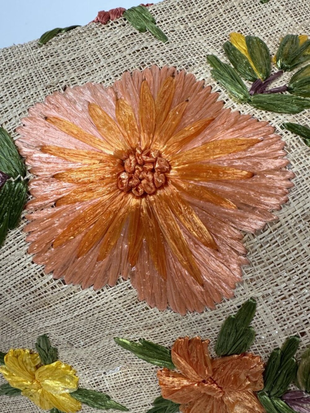 Handmade Raffia Straw Hat With Embroidered Floral Design & Chin Tie Vintage Phil - Picture 4 of 16